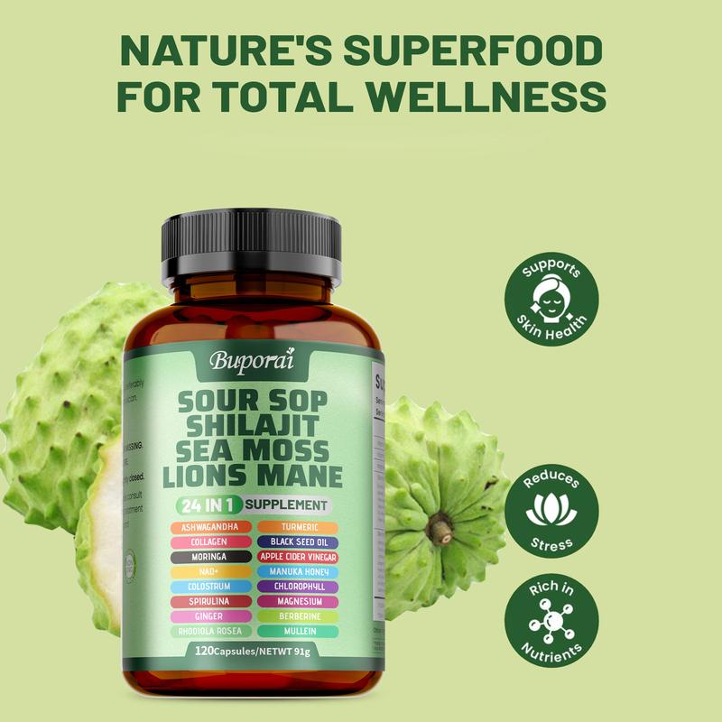Soursop 24-in-1 Wellness Complex™ With Sea Moss, Lion’s Mane & Shilajit • 120 Capsules